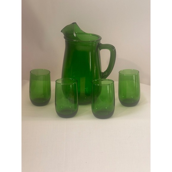 Unbranded Other - Vintage Emerald Green Glass 1950s Pitcher & 4 Tumbler Set Mid Century Modern